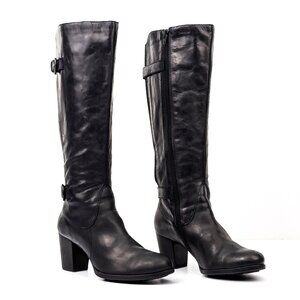 Born Women Vita Black Leather Mot Buckle Heeled Tall Boots size 7.5